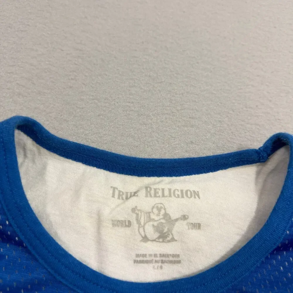 True Religion Mesh Jersey Shirt Men's Large Blue TRUE RLGN Horseshoe Graphic